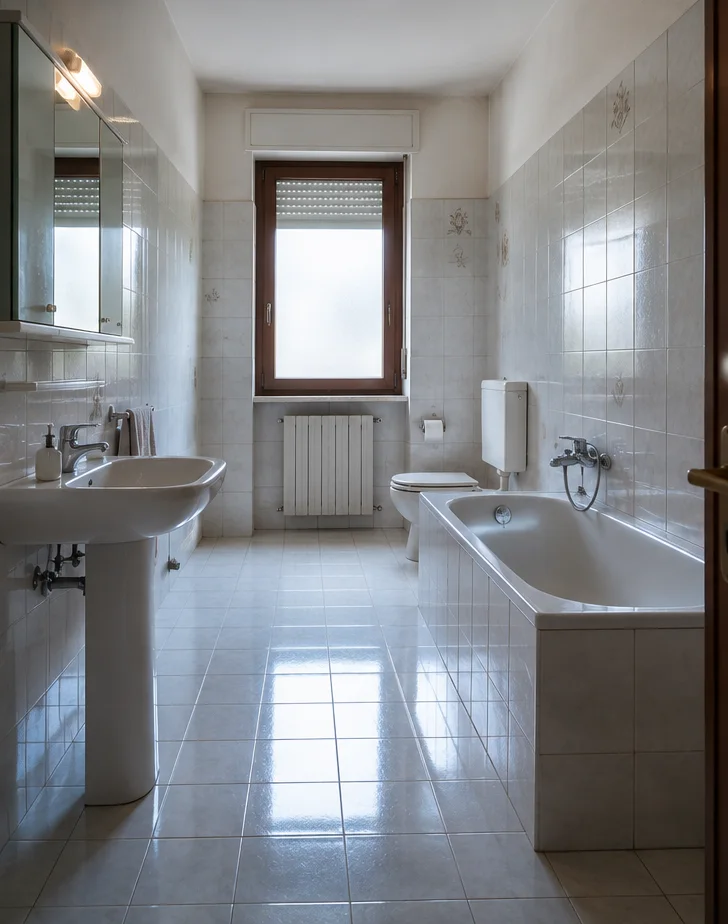 Il bagno prima dei lavori: vasca, piastrelle bianche con decori, lavabo a colonna e sanitari a pavimento